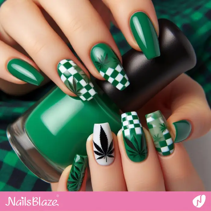 Pot Leaves on Checkered Nails | Nature-inspired Nails - NB2352